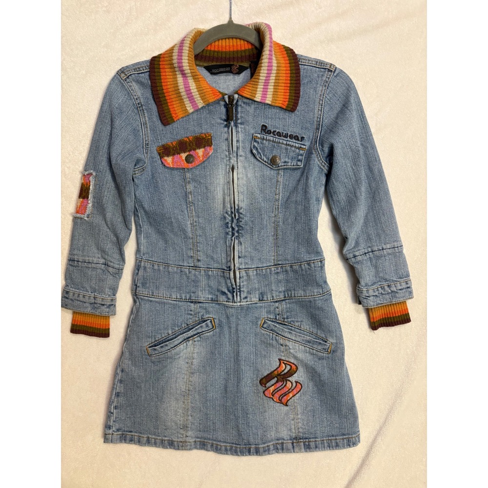 Rocawear Y2K vintage Denim Mini Dress Blue Knit Trim Full Zip Girls Size M 8/10